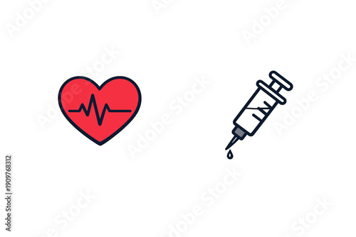 This minimalist illustration features a red heart icon with an electrocardiogram line next to a medical syringe. The graphic elements are set against a solid black background.