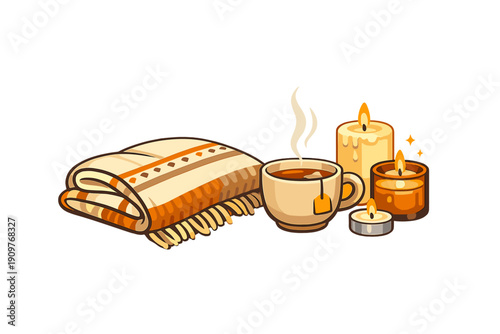 A cozy illustration featuring a folded patterned blanket, a steaming cup of tea with a tea bag, and three lit candles of various sizes against a solid black background.