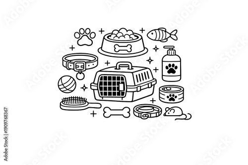 A collection of black and white pet care icons including a carrier, food bowl, collar, leash, brush, and toys. This minimalist illustration features essential items for dogs and cats.
