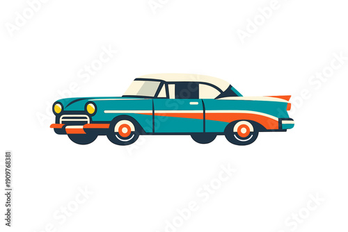 A flat vector illustration of a classic vintage car in teal and orange with a white roof, shown from a side profile against a solid black background. It features yellow headlights.