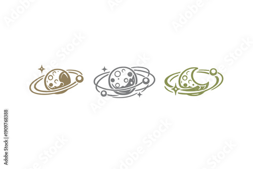 A set of three minimalist cosmic icons featuring planets with rings and craters in gold, silver, and olive green colors, isolated on a dark black background.