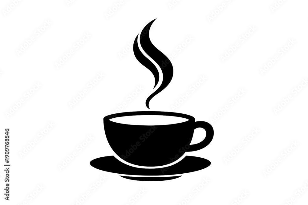 Obraz premium A simple black and white line drawing of a steaming cup of coffee or tea sitting on a saucer against a dark background. This minimalist illustration captures a warm beverage moment.