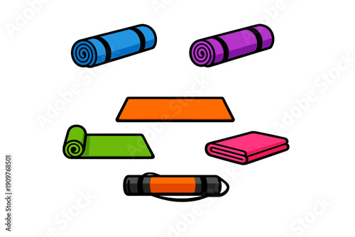 A collection of colorful yoga mats in various positions including rolled, folded, and flat. This vector illustration features blue, purple, orange, green, and pink exercise equipment.