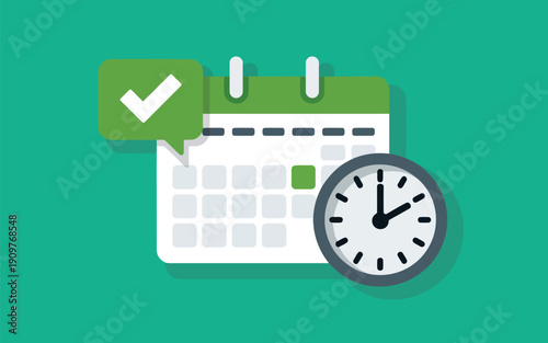 A simple green calendar with a checkmark speech bubble and a small clock showing scheduled time