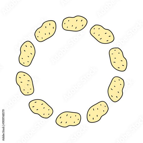 Cute round wreath with doodle raw potatoes isolated on white background.