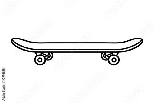 Minimalist white line art illustration of a skateboard shown from a side profile view against a textured black background. This simple vector graphic depicts the deck, trucks, and wheels.