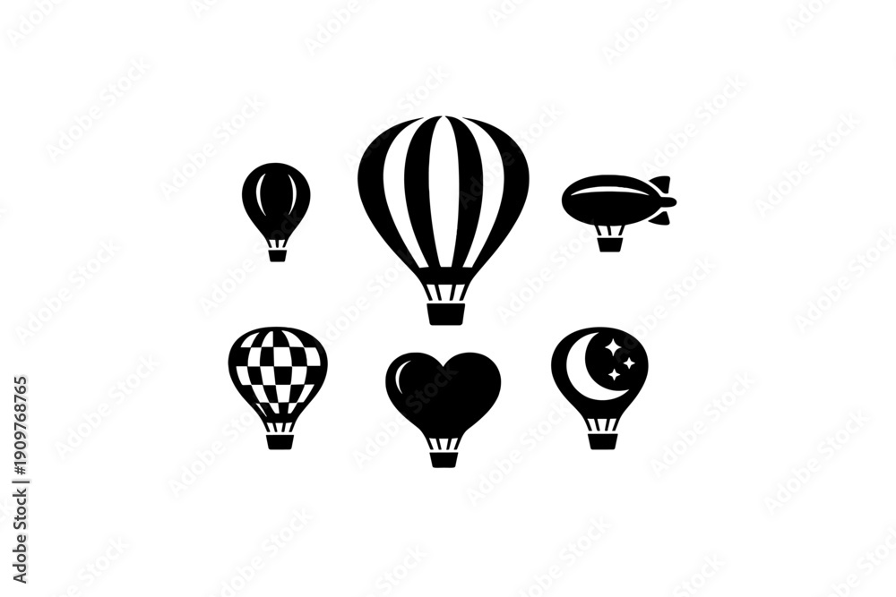 Obraz premium A collection of minimalist white line art icons depicting various hot air balloons and a blimp against a solid black background. The set includes different styles and sizes of aircraft.