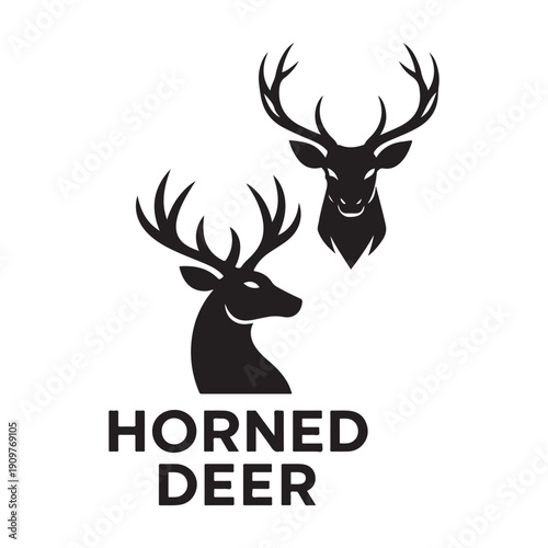 Horned Deer Head Silhouette Logo or Stag Antlers Vector.