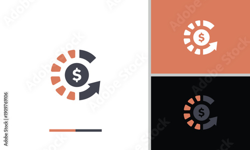 with a dollar symbol in the center and a circular arrow indicating a rotation or increase. The colors are a contrasting combination of brick orange and dark gray. It clearly symbolizes finance, invest