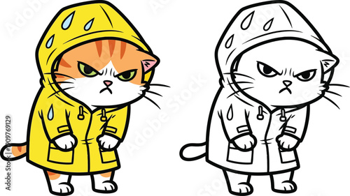 Grumpy Cartoon Cat in Yellow Raincoat Humorous Feline Displeased with Rain Weather Illustration