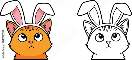 Cute Cartoon Cat with Bunny Ears Headband Adorable Feline Easter or Pet Accessory Illustration
