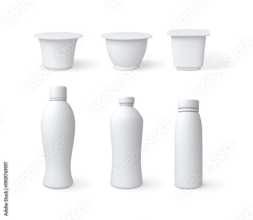 3D mock up of yogurt cup, juice or milk drink bottle packages vector set, realistic plastic containers with closed lid