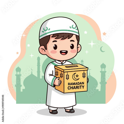 Young Boy Holding Ramadan Charity Box.