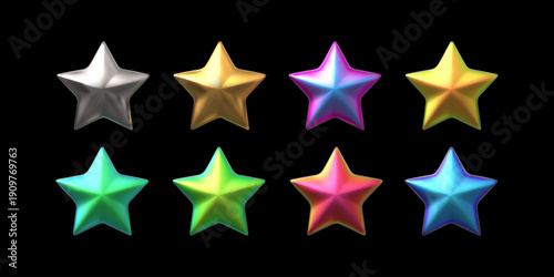Star realistic 3D design vector set, colorful chrome space galaxy emoji, sparkle element, award festive Y2K decoration