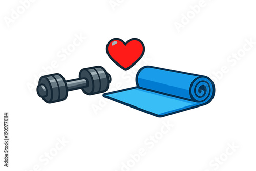 A cartoon illustration featuring a grey dumbbell, a red heart, and a blue unrolled yoga mat against a black background, representing fitness, health, and wellness concepts.