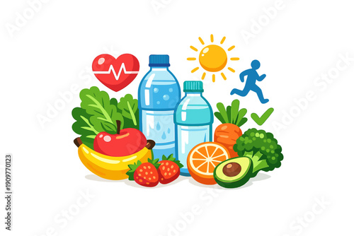A vibrant illustration featuring healthy food like fruits and vegetables, water bottles, a heart icon, a sun, and a running figure, representing a balanced and active lifestyle.