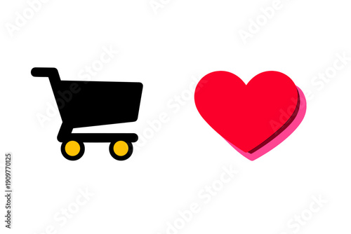 A black shopping cart icon with yellow wheels is positioned next to a red heart symbol with a pink shadow, both set against a solid black background in a minimalist style.