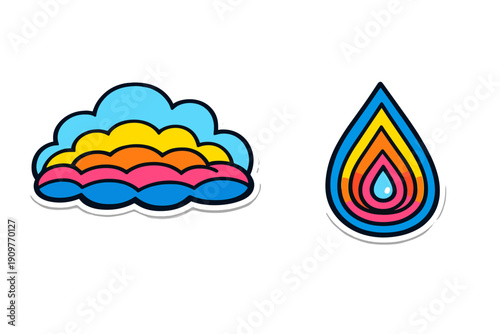 A set of two vibrant stickers including a multi-colored cloud and a layered teardrop design. Both icons feature bold black outlines and a bright palette of blue, yellow, and pink.