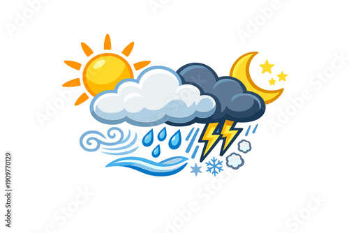 A colorful illustration featuring various weather symbols including a sun, moon, stars, clouds, rain, lightning, wind, and snow, all grouped together against a dark background.