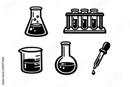 A collection of minimalist line art icons representing various laboratory glassware including an Erlenmeyer flask, a beaker, a round-bottom flask, and a set of test tubes in a rack.