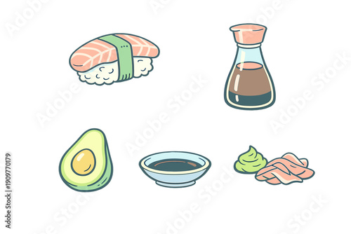 A collection of Japanese food illustrations including salmon nigiri sushi, a soy sauce bottle, a bowl of sauce, half an avocado, wasabi, and pickled ginger on a black background.