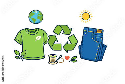 This vector illustration features a green t-shirt with a leaf, blue jeans, a recycling symbol, the Earth, a sun, and sewing tools, representing sustainable fashion and eco-friendly clothing.