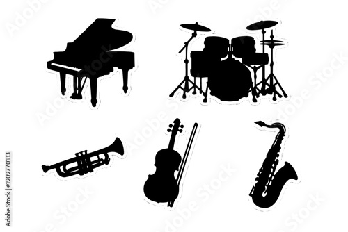 A collection of black musical instrument silhouettes including a grand piano, drum set, trumpet, violin, and saxophone, each featuring a white border on a dark background.