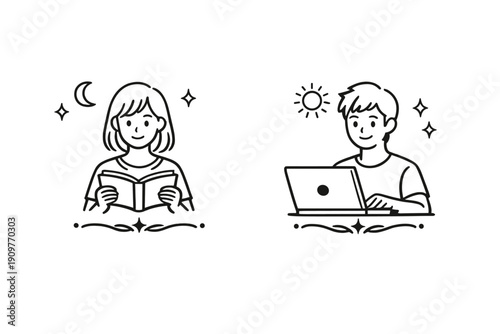 A black and white line art illustration featuring a girl reading a book under a crescent moon and a boy working on a laptop with sun and star symbols representing day and night.