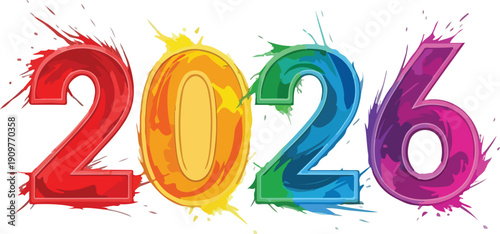 Vibrant 2026 text art with colorful numbers on a white background.