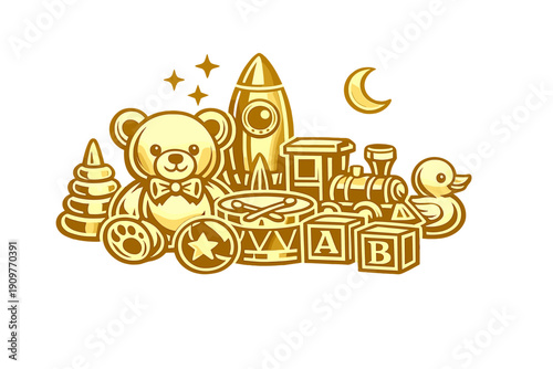 A collection of golden children's toys including a teddy bear, rocket, train, and alphabet blocks, arranged against a solid black background in a glossy metallic illustration style.