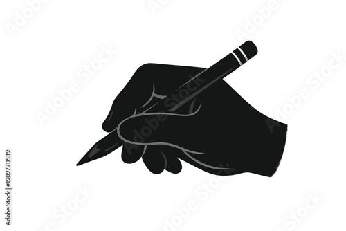 This monochrome illustration depicts a hand firmly grasping a pencil, positioned for writing or sketching. The design uses dark tones and subtle highlights for a modern look.