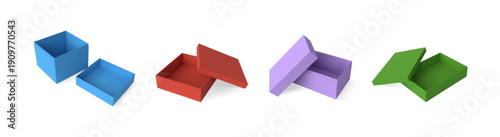 A set of bright, multicolored, square and rectangular gift boxes with open lids, empty.