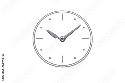 This minimalist gray analog clock illustration features two hands indicating ten past ten on a dark background. The circular face includes simple hour markers and a subtle 3D effect.