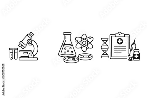 This set of white line art icons on a black background includes a microscope, test tubes, an Erlenmeyer flask, an atom, petri dishes, DNA, a clipboard, and a syringe.