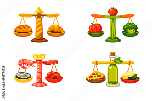 A set of four creative illustrations showing scales made of food items like bread, vegetables, seafood, and olive oil, representing a balanced diet on a solid black background.