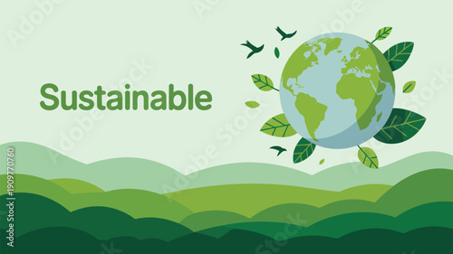 A vibrant illustration showcasing the Earth globe encircled by green leaves symbolizing global sustainability and environmental protection