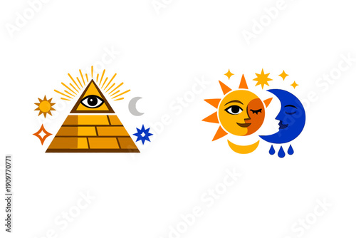 Two mystical illustrations featuring a golden pyramid with an eye, a personified sun, and a crescent moon against a black background, surrounded by stars and celestial symbols.