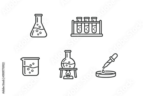 A collection of five minimalist line art icons depicting various laboratory equipment including flasks, test tubes in a rack, a beaker, a burner, and a dropper with a petri dish.