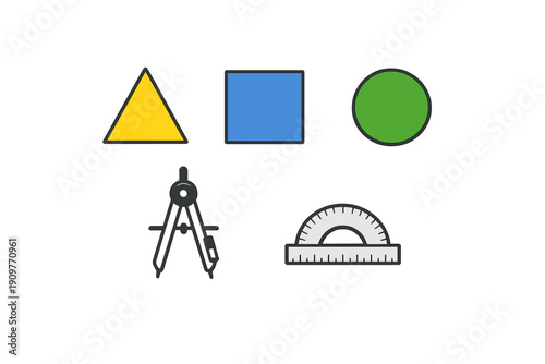 A collection of geometric shapes including a yellow triangle, blue square, and green circle, alongside drafting tools like a compass and a protractor on a black background.