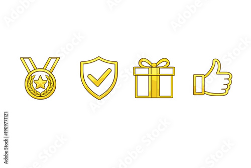 Four golden icons representing achievement, security, rewards, and approval are displayed on a solid black background. The set includes a medal, a shield, a gift box, and a thumbs up.