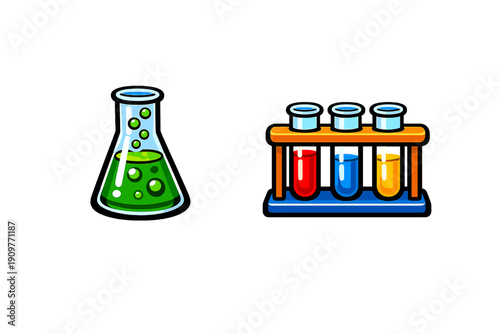 A cartoon illustration of a conical flask with bubbling green liquid and a test tube rack containing red, blue, and yellow liquids, set against a solid black background.