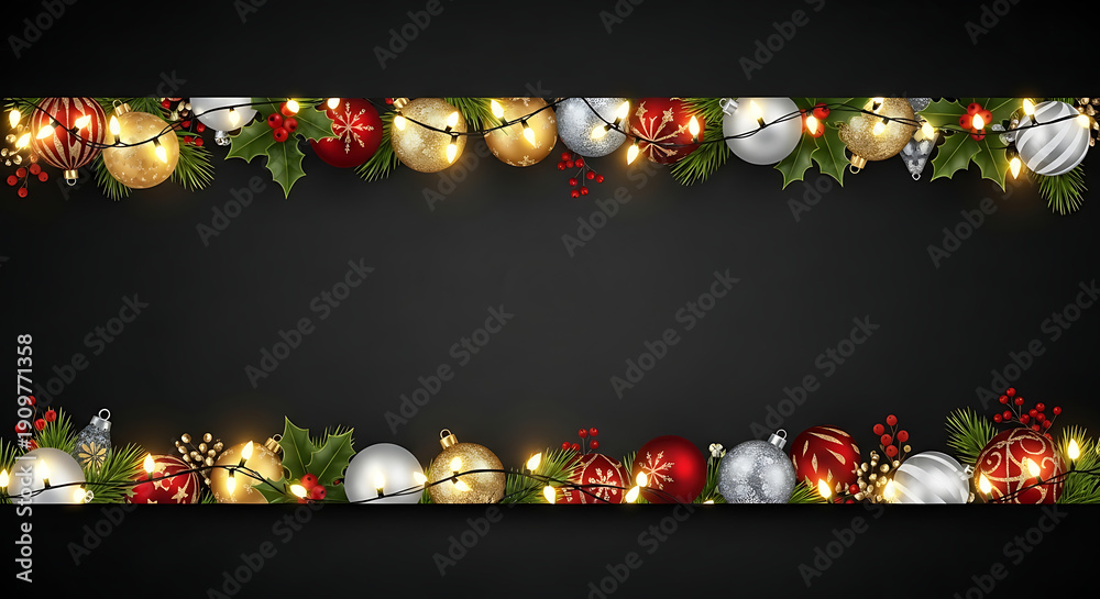 custom made wallpaper toronto digitalChristmas Border Background with Baubles, Holly Leaves, and Glowing Fairy Lights on Black