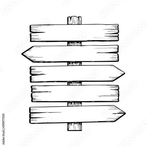 Hand Drawn Rustic Wooden Direction Signpost with Blank Arrow Boards Vintage Sketch Illustration