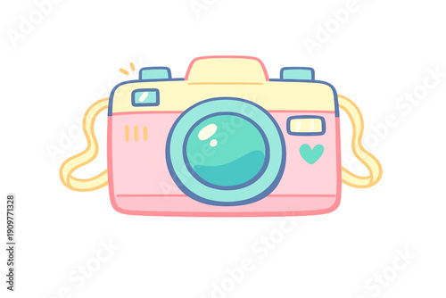 This cute cartoon camera illustration features pastel pink, yellow, and blue colors. It includes a large lens, a heart icon, and a yellow strap, all rendered in a kawaii style.