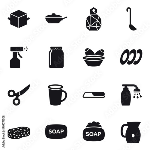 Collection of black household cleaning icons on white background.