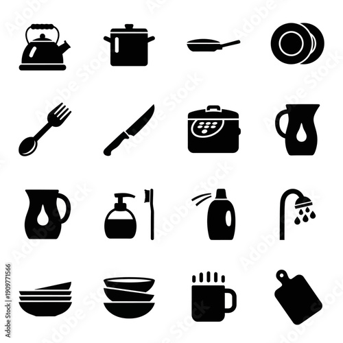 Collection of kitchen utensils and appliances icons set.