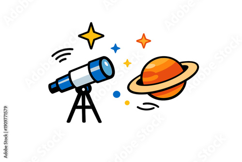 A vector illustration featuring a blue and white telescope observing the ringed planet Saturn among colorful stars against a dark black background.