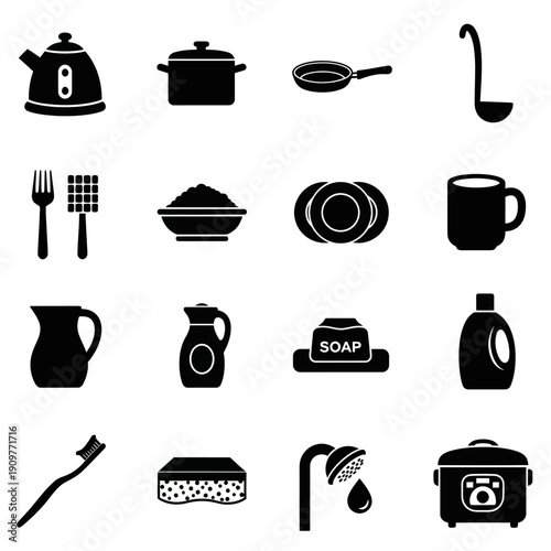 Collection of black kitchen utensils and appliances icons.