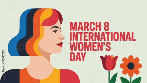 A woman with colorful hair and text celebrates March 8 International Womens Day with flowers