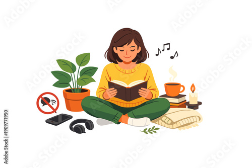 An illustration of a woman sitting cross-legged reading a book in a cozy room with a plant, coffee, and candle. Her phone is silenced to represent a peaceful digital detox.